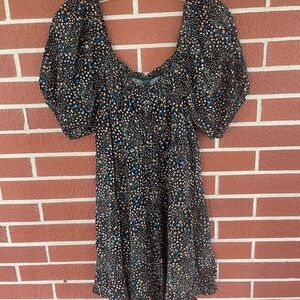 Black Floral Puff Sleeve Mini Dress